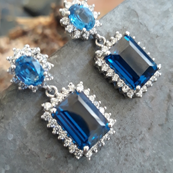 Intense Blue Swiss Topaz and Sapphire Earrings - Picture 2 of 11